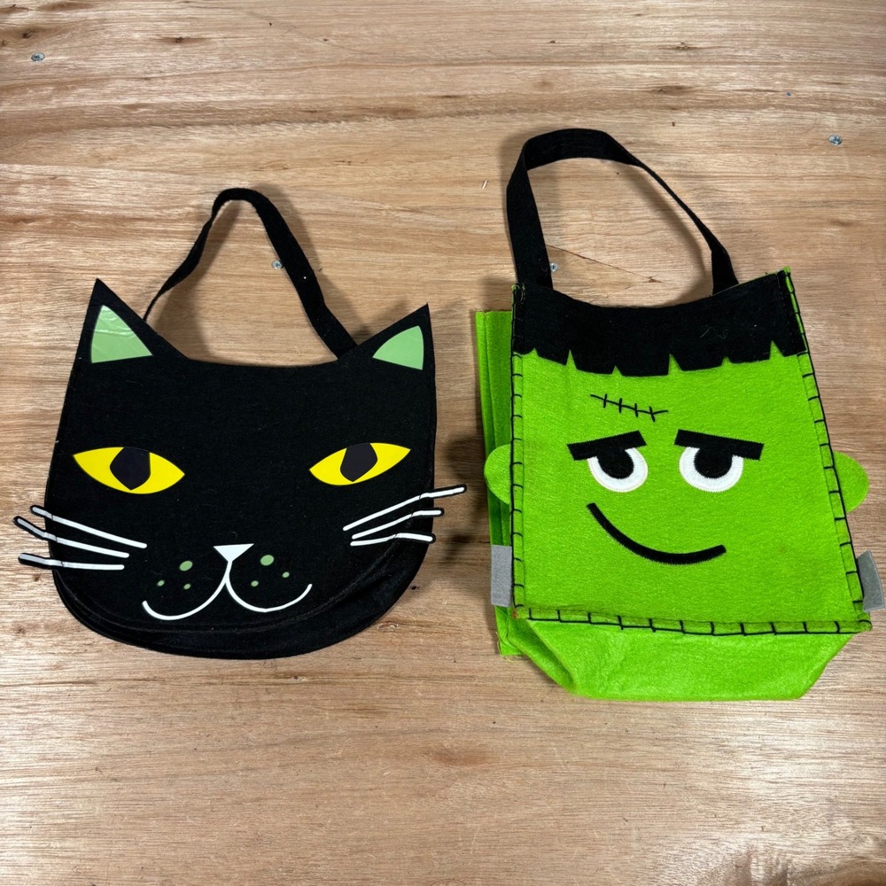 Halloween Felt Trick or Treat Bags Black Cat and Frankenstein Set of 2